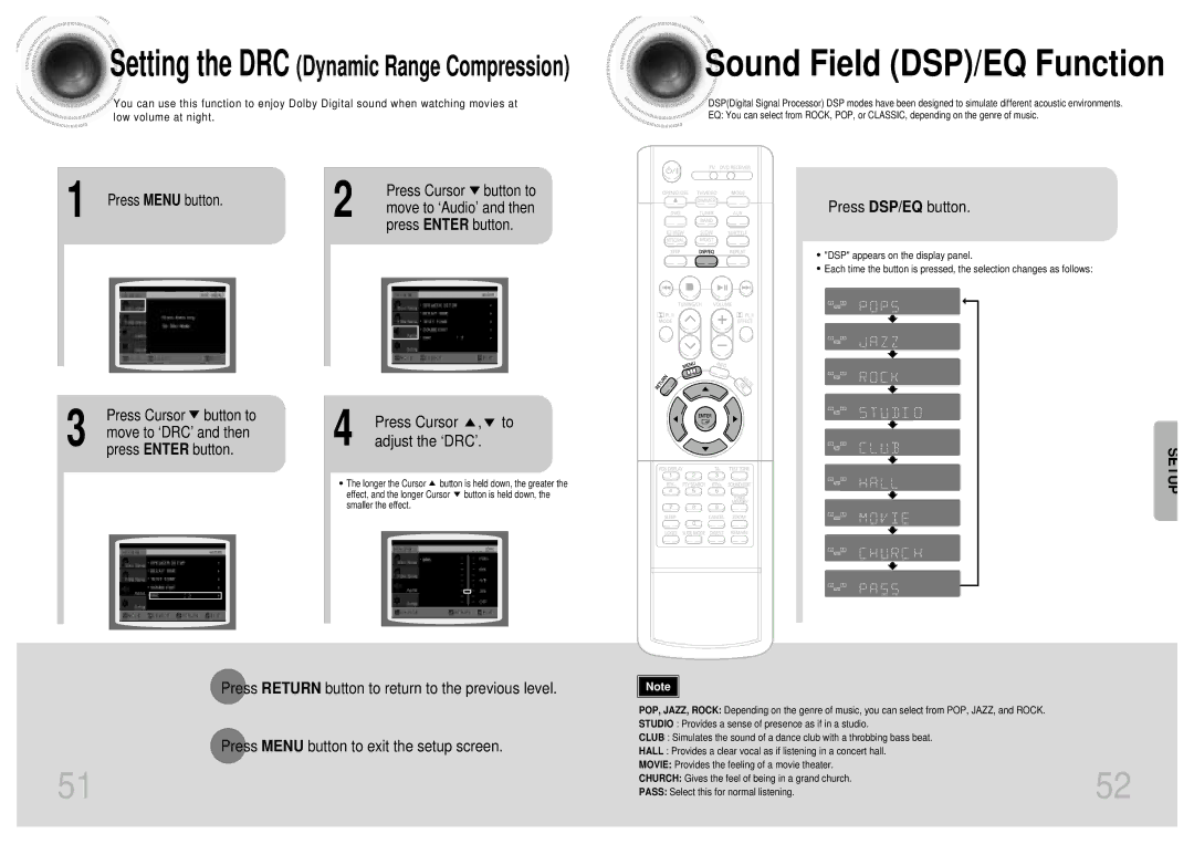 Samsung HTDM155RH/ELS Sound Field DSP/EQ Function, Press Cursor button to, Press DSP/EQ button, Move to ‘DRC’ and then 