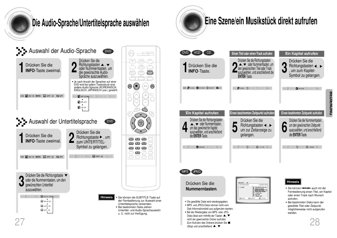 Samsung HTDM155RH/EDC manual Eine Szene/ein Musikstü ck direkt aufrufen, 1Drücken Sie die INFO-Taste, INFO-Taste zweimal 