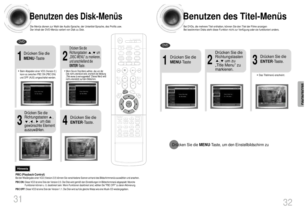 Samsung HTDM155RH/EDC manual Benutzen des Titel-Menü s, Benutzen des Disk-Menü s, Drücken Sie die MENU-Taste 