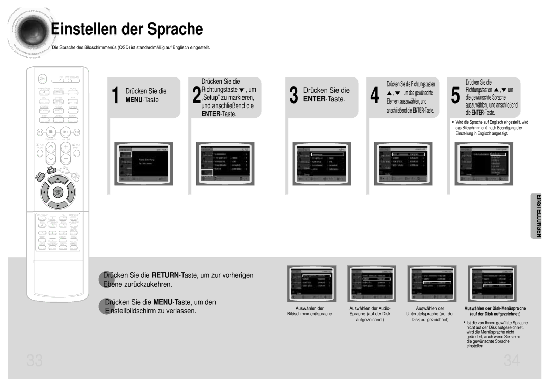 Samsung HTDM155RH/EDC manual Einstellen der Sprache, Drücken Sie die MENU-Taste 