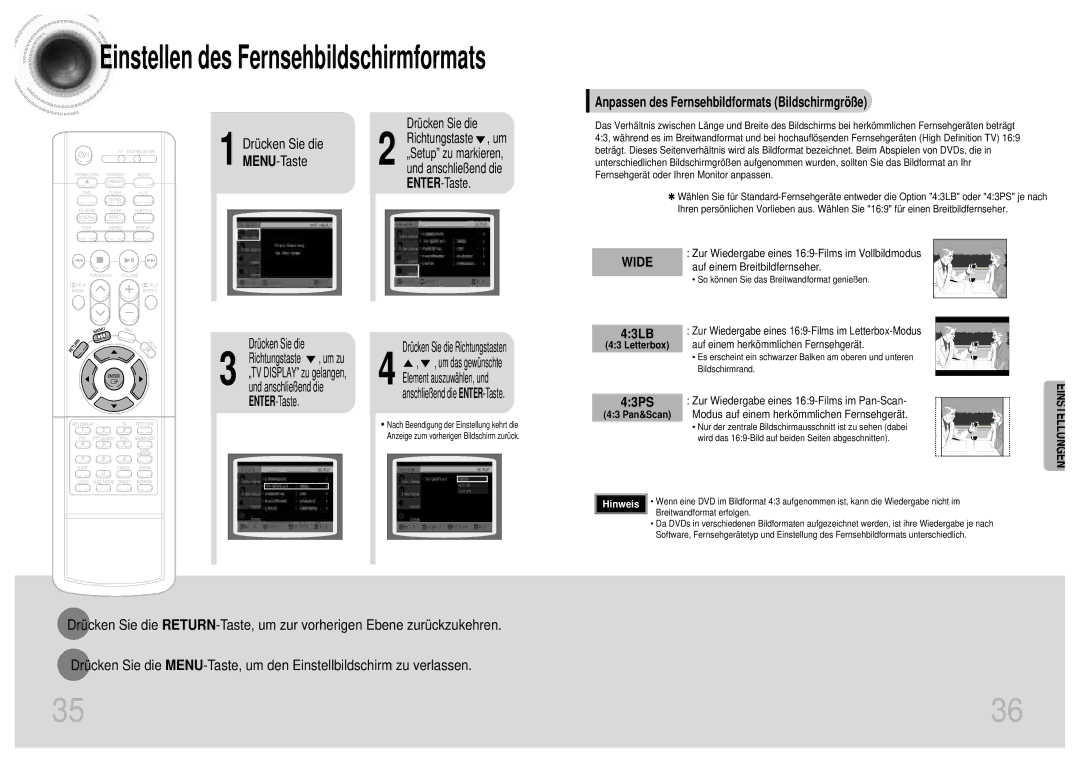 Samsung HTDM155RH/EDC manual 43LB, 43PS, Auf einem Breitbildfernseher, Zur Wiedergabe eines 169-Films im Pan-Scan 