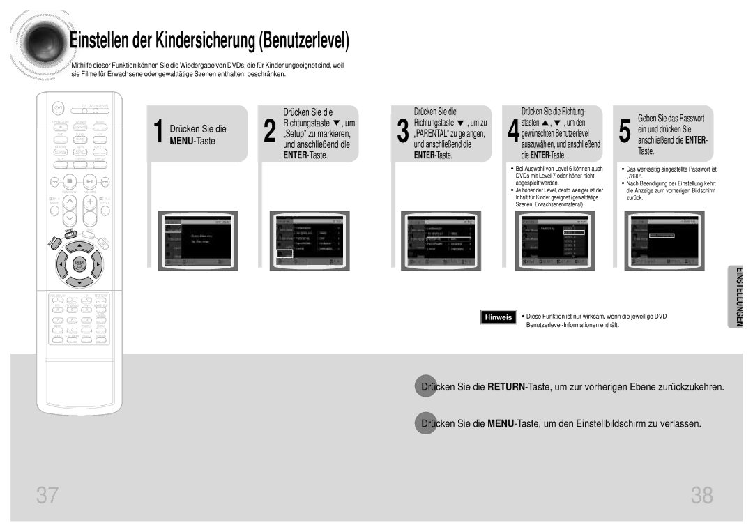 Samsung HTDM155RH/EDC manual Einstellen der Kindersicherung Benutzerlevel 