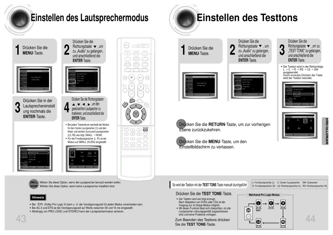 Samsung HTDM155RH/EDC manual Einstellen des Testtons, Drücken Sie in der, Drücken Sie die Test TONE-Taste 