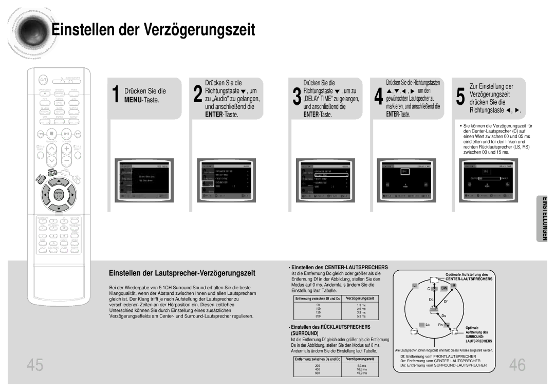 Samsung HTDM155RH/EDC manual Einstellen der Verzögerungszeit, Einstellen des CENTER-LAUTSPRECHERS 