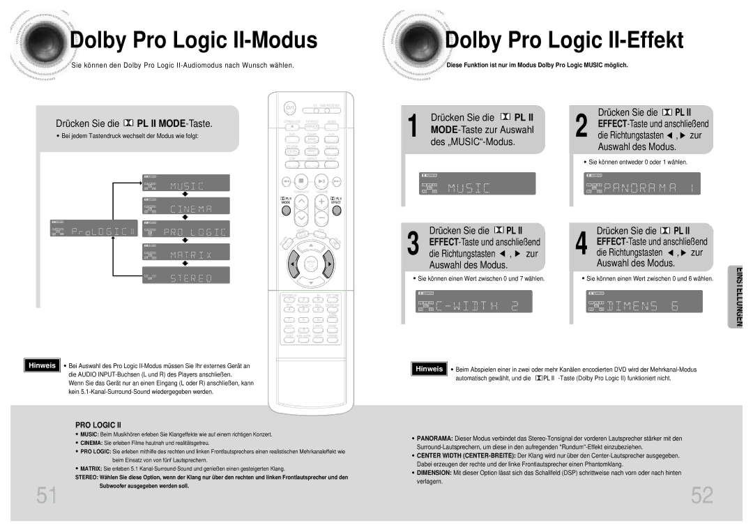 Samsung HTDM155RH/EDC manual Dolby Pro Logic II-Modus, Dolby Pro Logic II-Effekt 