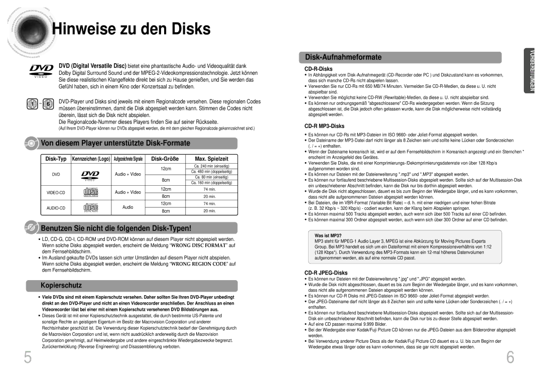 Samsung HTDM155RH/EDC manual Hinweise zu den Disks, Kopierschutz, Max. Spielzeit, Was ist MP3? 