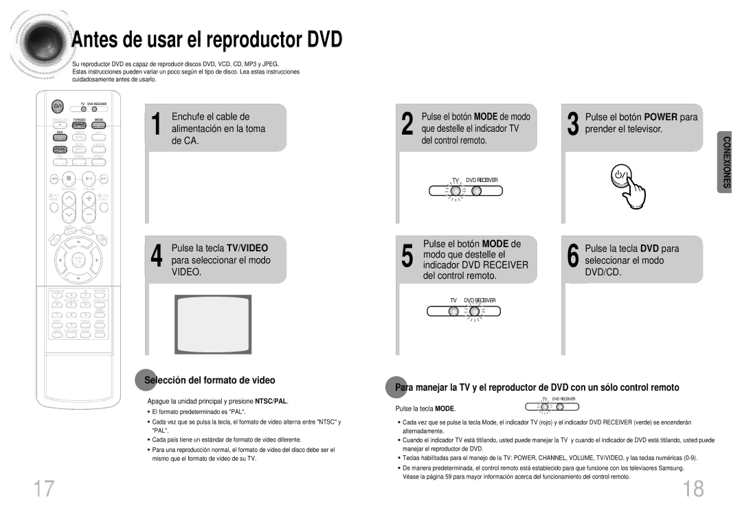 Samsung HTDM155RH/EDC Selecció n del formato de video, Pulse el botón Power para prender el televisor, Pulse la tecla Mode 