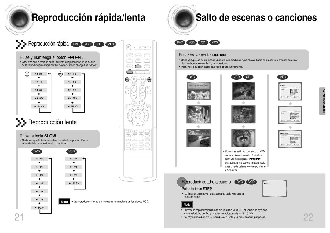 Samsung HTDM155RH/EDC manual Reproducció n rá pida/lenta, Salto de escenas o canciones 