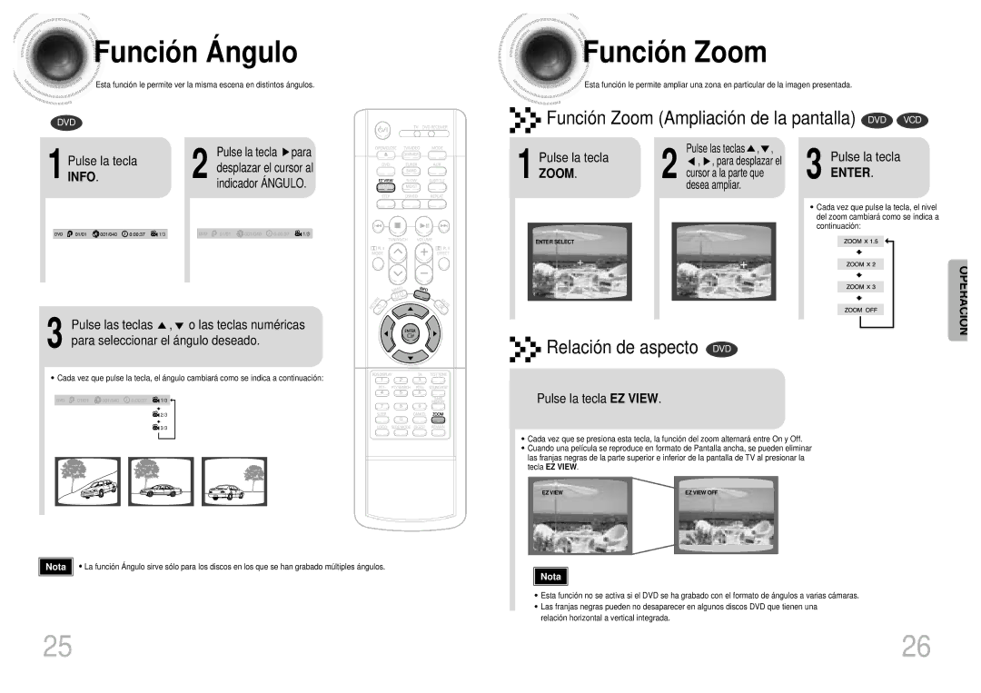 Samsung HTDM155RH/EDC manual Funció n Á ngulo, Funció n Zoom, Pulse la tecla EZ View 