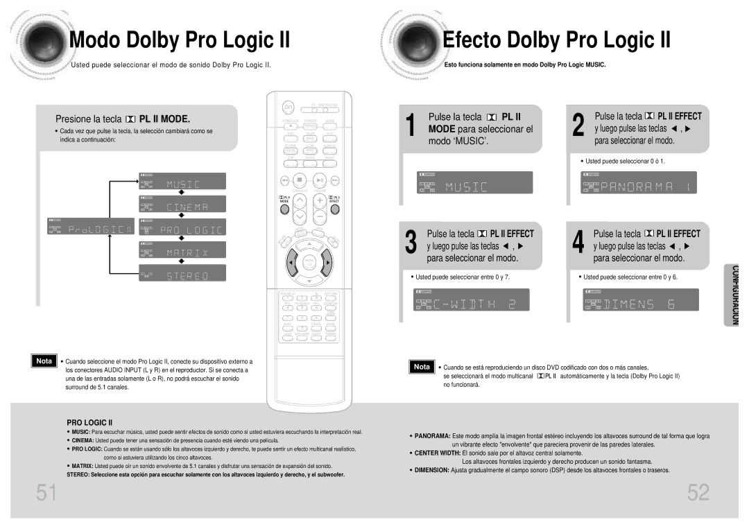 Samsung HTDM155RH/EDC Modo Dolby Pro Logic, Efecto Dolby Pro Logic, Presione la tecla PL II Mode, Para seleccionar el modo 