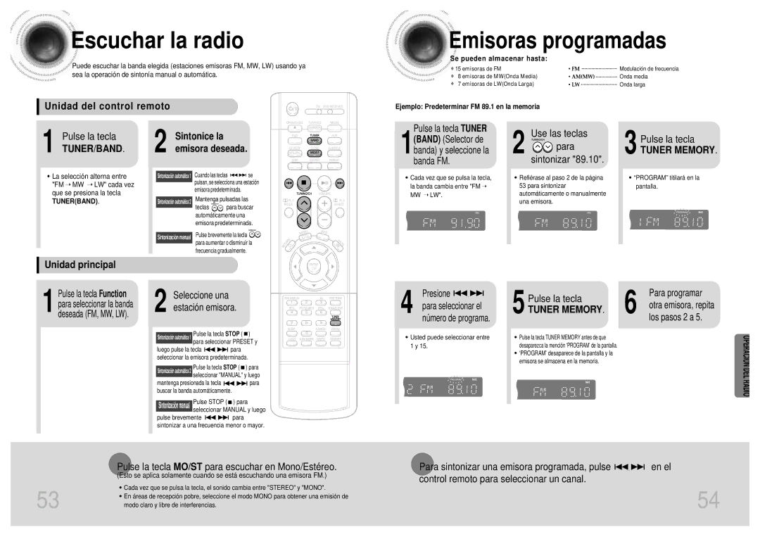 Samsung HTDM155RH/EDC manual Escuchar la radio, Emisoras programadas, Operació N DEL Radio, Unidad del control remoto 