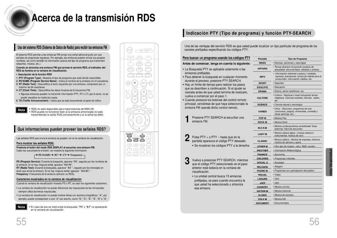 Samsung HTDM155RH/EDC manual Acerca de la transmisió n RDS, Indicació n PTY Tipo de programa y funció n PTY-SEARCH 