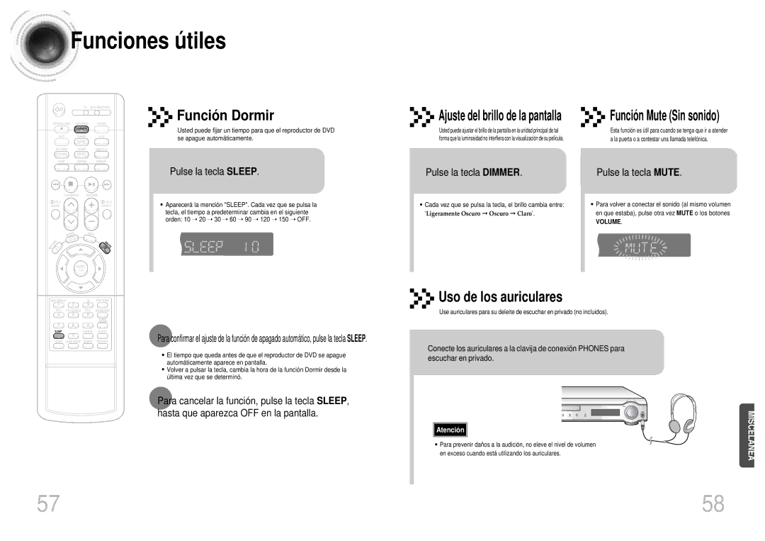 Samsung HTDM155RH/EDC manual Funciones ú tiles, Ajuste del brillo de la pantalla, Funció n Mute Sin sonido 