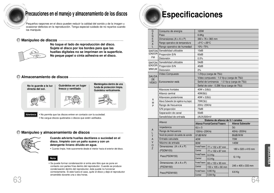 Samsung HTDM155RH/EDC Especificaciones, No lo guarde a la luz Guá rdelos en un lugar, Directa del sol Fresco y ventilado 