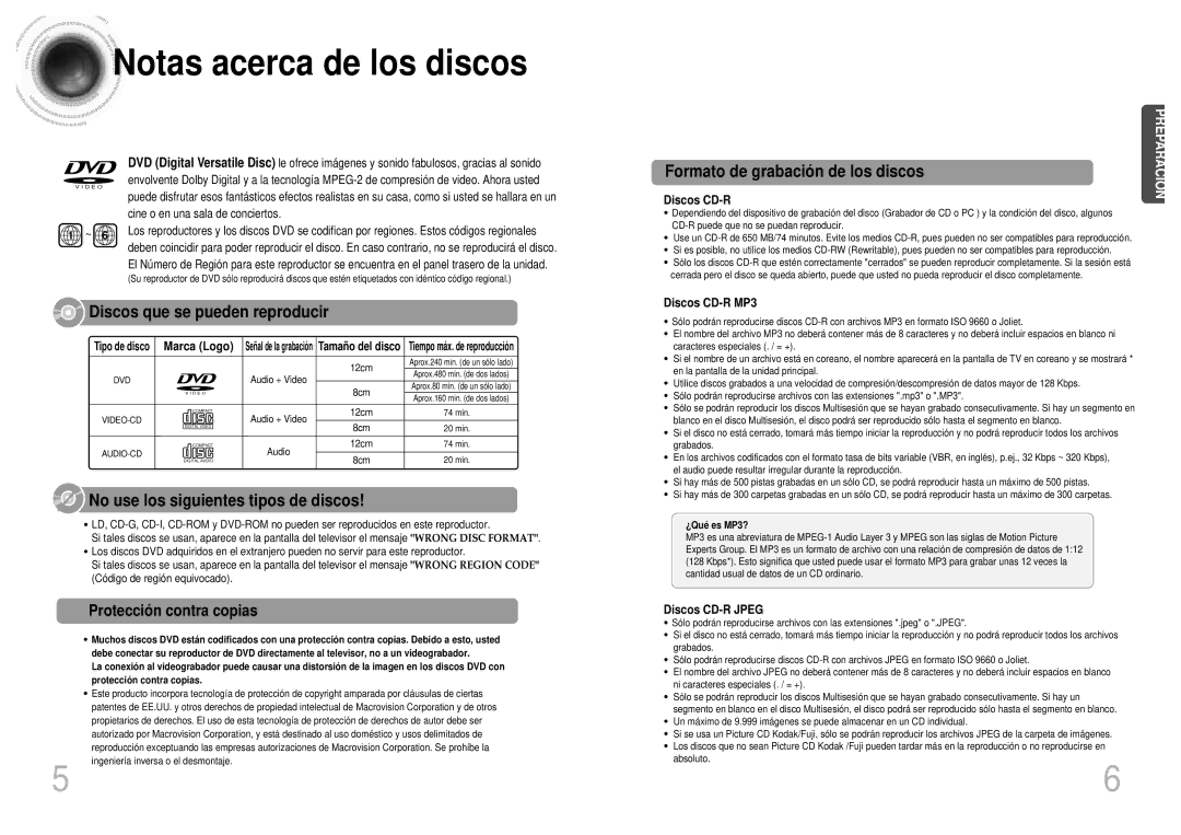 Samsung HTDM155RH/EDC manual Notas acerca de los discos, Protecció n contra copias 