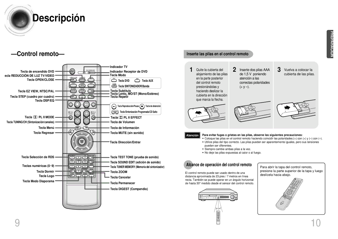 Samsung HTDM155RH/EDC manual Inserte las pilas en el control remoto, Alcance de operació n del control remoto 