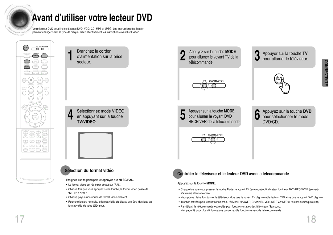 Samsung HTDM160RH/ELS manual Branchez le cordon ’alimentationsecteur. sur la prise, Sé lection du format vidé o 