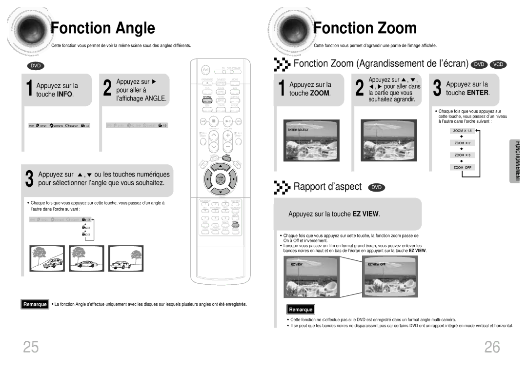 Samsung HTDM160RH/ELS manual Fonction Angle, Fonction Zoom, Appuyez sur la Pour aller à, Appuyez sur la touche Enter 