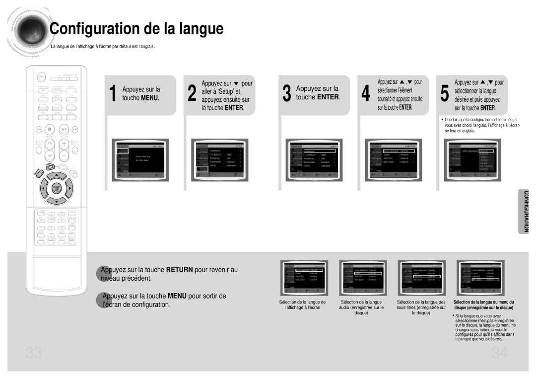 Samsung HTDM160RH/ELS manual Configuration de la langue, Appuyez sur la, Touche Menu 