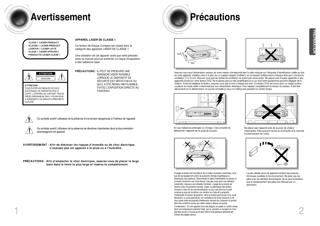 Samsung HTDM160RH/ELS manual Avertissement Précautions, Appareil Laser DE Classe 