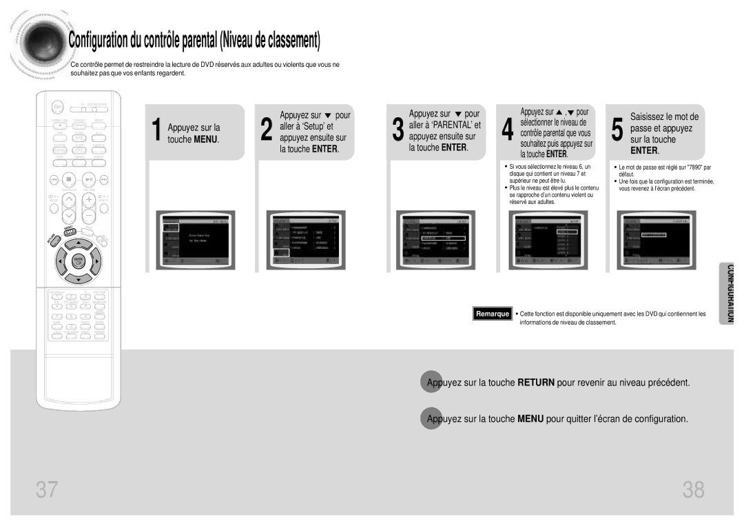 Samsung HTDM160RH/ELS manual Saisissez le mot de, Passe et appuyez, Sur la touche, Informations de niveau de classement 