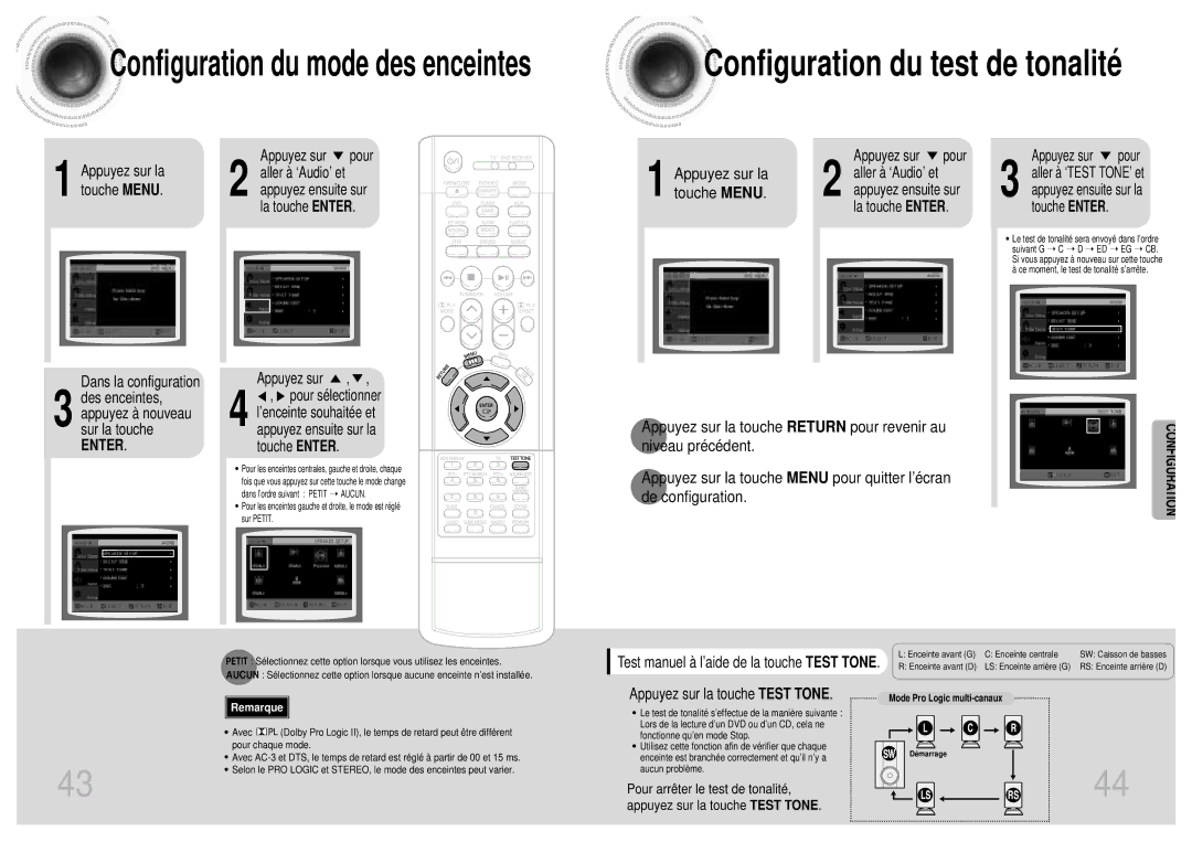 Samsung HTDM160RH/ELS manual Configuration du mode des enceintes, Pour arrêter le test de tonalité 