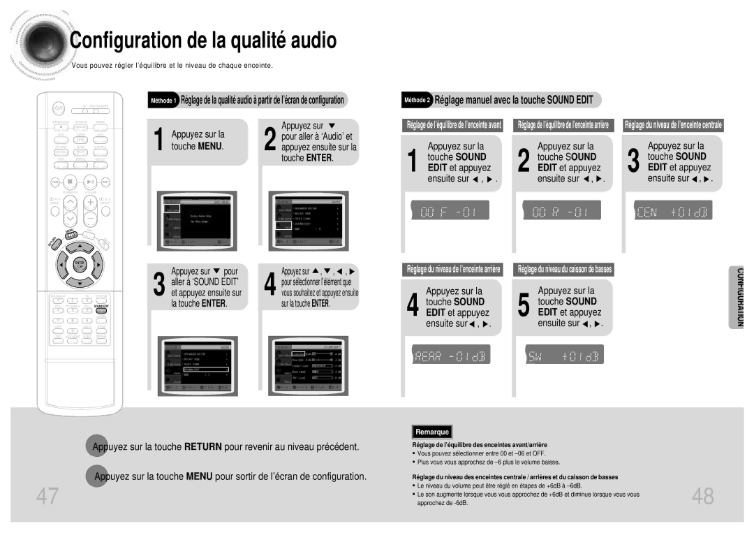 Samsung HTDM160RH/ELS manual Appuyez sur la Touche Sound Edit et appuyez ensuite sur 