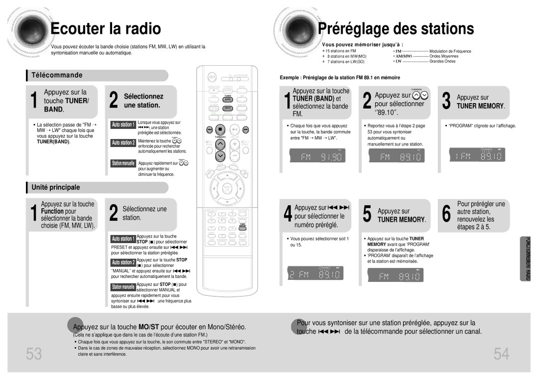 Samsung HTDM160RH/ELS manual Ecouter la radio, Pré ré glage des stations, Té lé commande, Sé lectionnez une station 