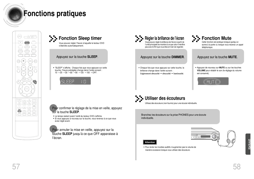 Samsung HTDM160RH/ELS manual Fonctions pratiques, Fonction Sleep timer, Fonction Mute, Ré gler la brillance de l’é cran 