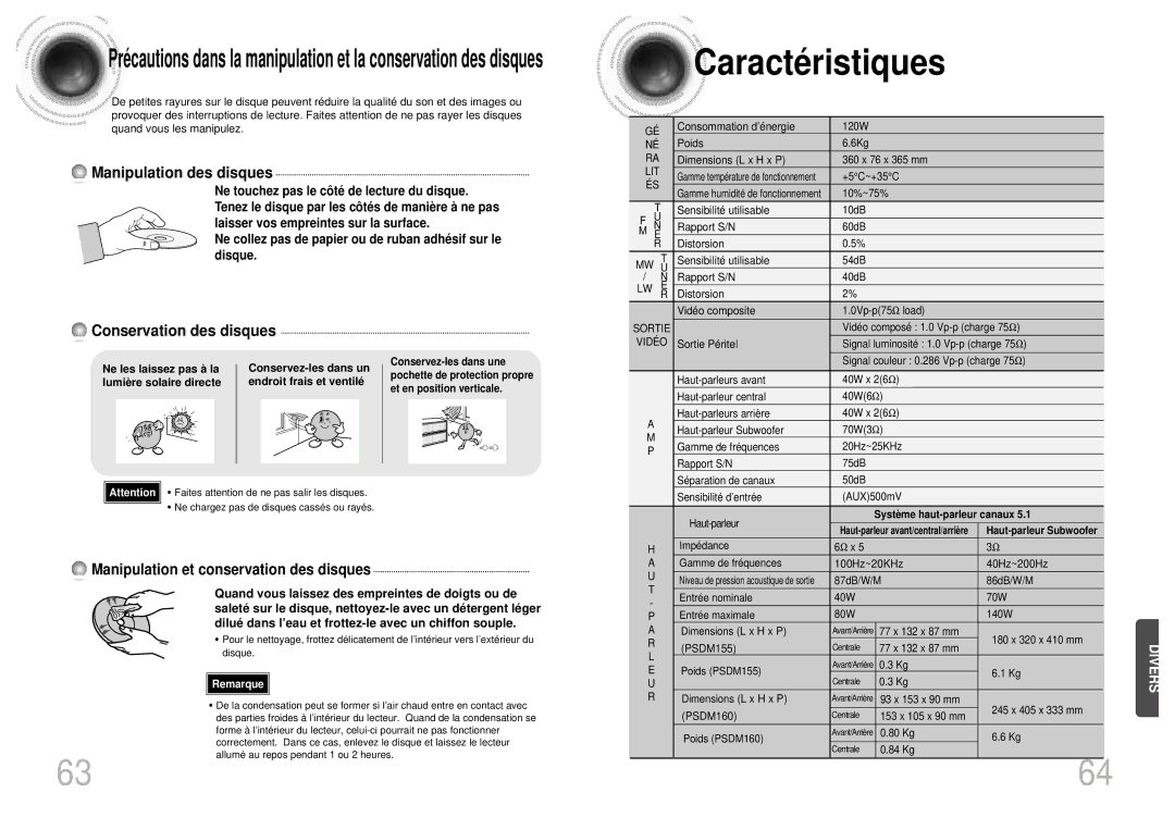 Samsung HTDM160RH/ELS manual Caracté ristiques, Manipulation et conservation des disques, Endroit frais et ventilé 