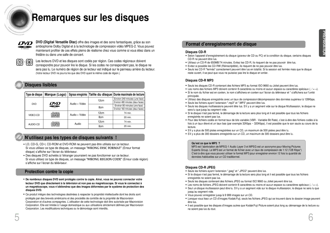 Samsung HTDM160RH/ELS manual Remarques sur les disques, Protection contre la copie, Disques CD-R MP3, Disques CD-R Jpeg 