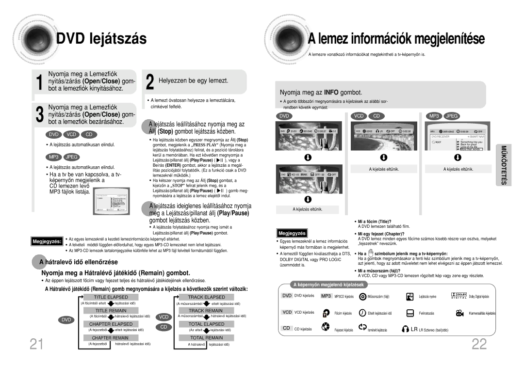 Samsung HTDM160RH/ELS DVD lejátszás, Nyomja meg az Info gombot Nyomja meg a Lemezfiók, Lejátszás automatikusan elindul 