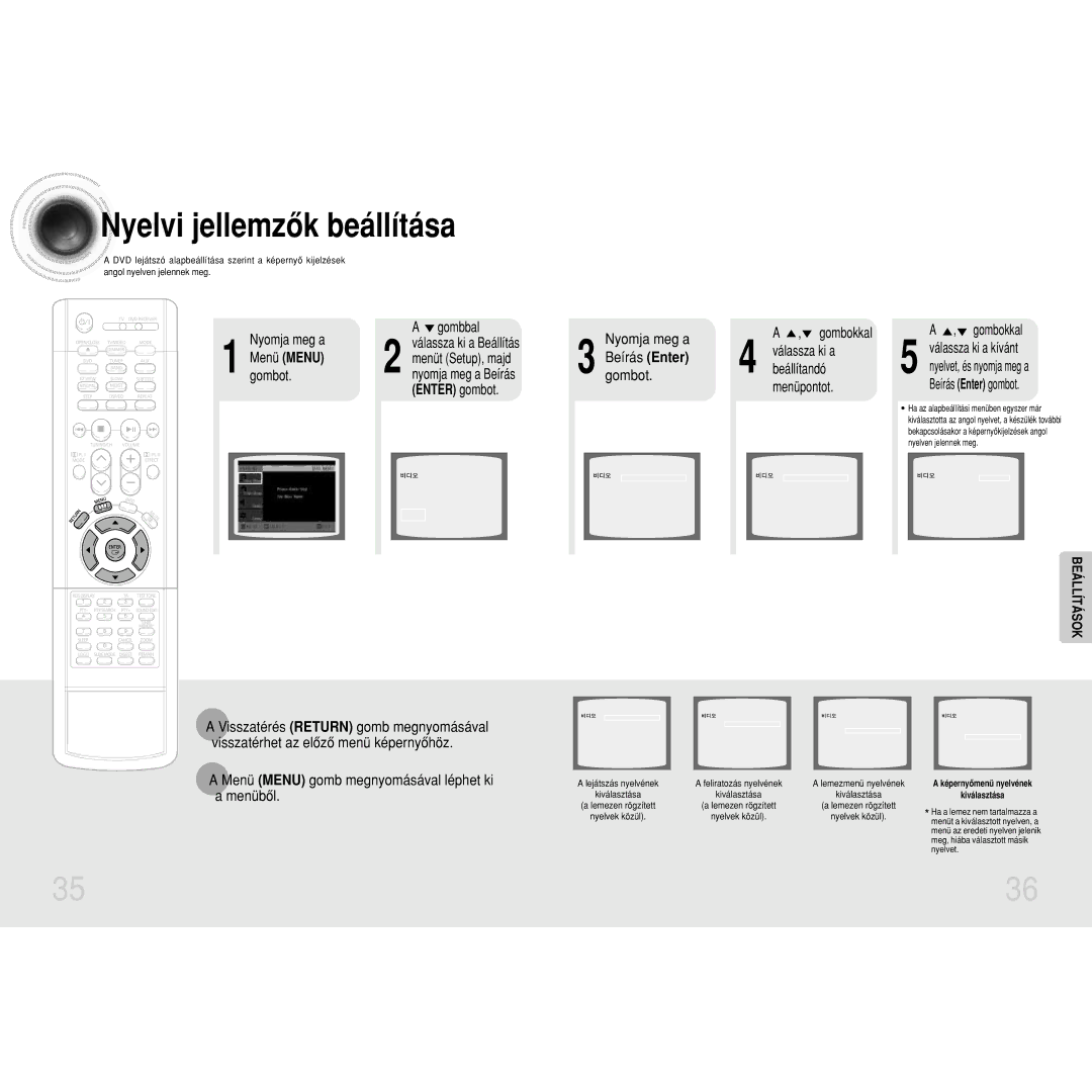 Samsung HTDM160RH/ELS manual Nyelvi jellemzôk beállítása, Beírás Enter, Gombot, Nyomja meg a Menü Menu gombot 