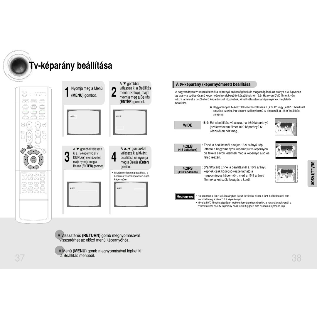 Samsung HTDM160RH/ELS manual Tv-képarány képernyôméret beállítása, Nyomja meg a Menü, Gombbal, Menüt Setup, majd 