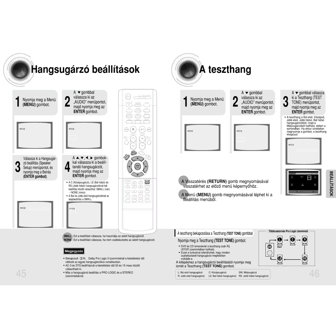 Samsung HTDM160RH/ELS manual Hangsugárzó beállítások Teszthang, Menü Menu gomb megnyomásával léphet ki a, Enter gombot 