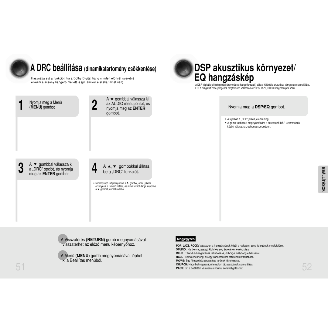 Samsung HTDM160RH/ELS manual DRC beállítása dinamikatartomány csökkentése, Nyomja meg a DSP/EQ gombot 