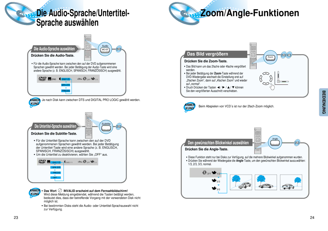 Samsung HTDM550RH/EDC manual Zoom/Angle-Funktionen, Die Audio-Sprache auswählen, Das Bild vergröß ern 