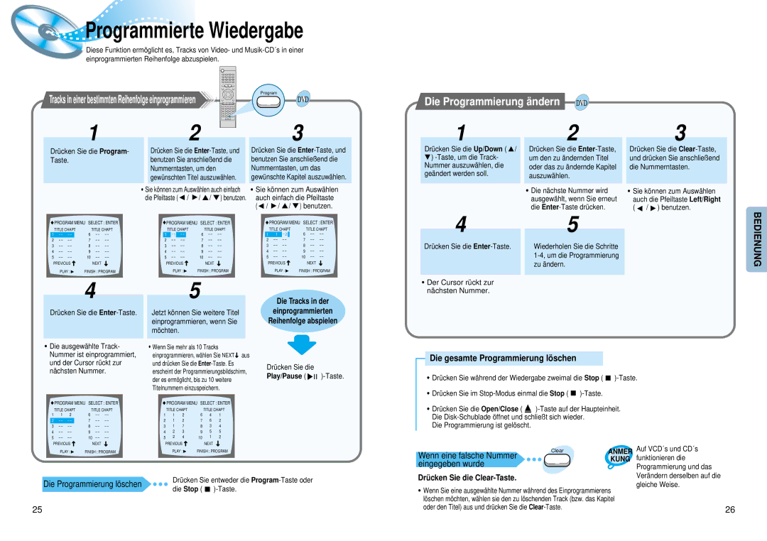 Samsung HTDM550RH/EDC manual Programmierte Wiedergabe, Die gesamte Programmierung lö schen, Drü cken Sie die Clear-Taste 