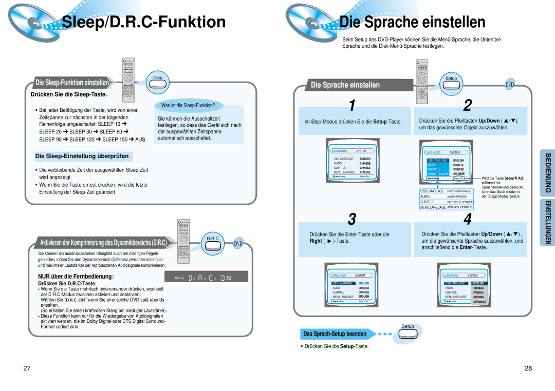 Samsung HTDM550RH/EDC Sleep/D.R.C-Funktion Die Sprache einstellen, Die Sleep-Funktion einstellen, Das Sprach-Setup beenden 