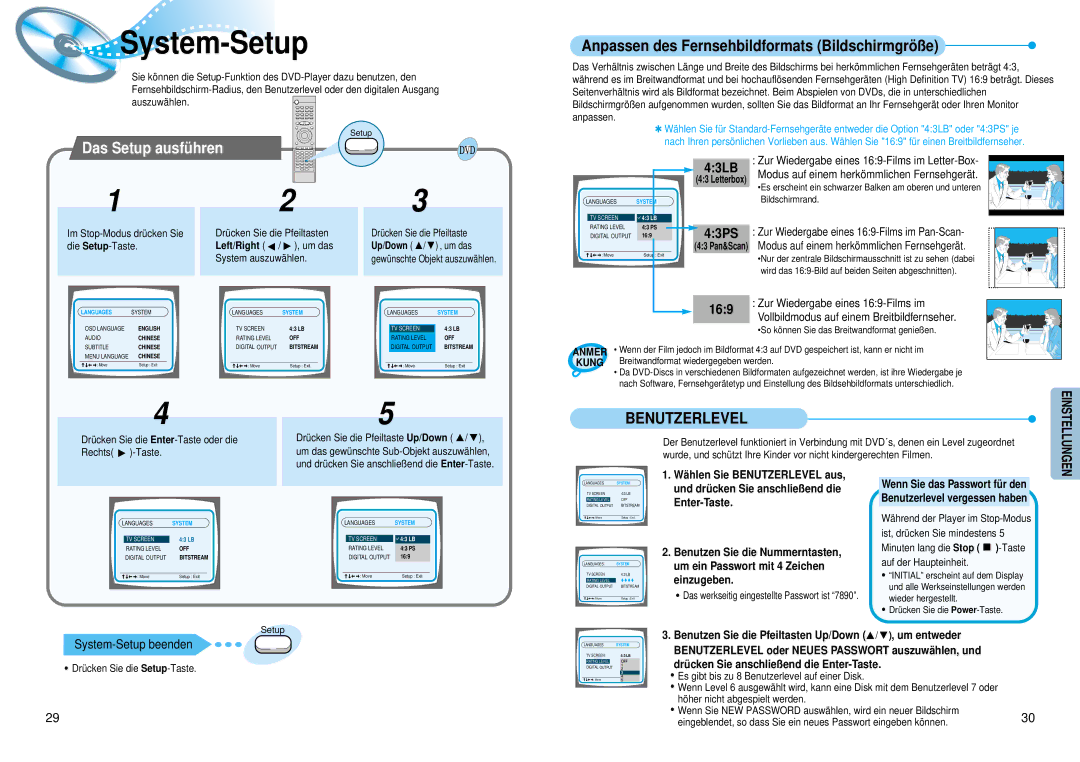 Samsung HTDM550RH/EDC manual System-Setup, Das Setup ausfü hren, Enter-Taste, Um ein Passwort mit 4 Zeichen, Einzugeben 