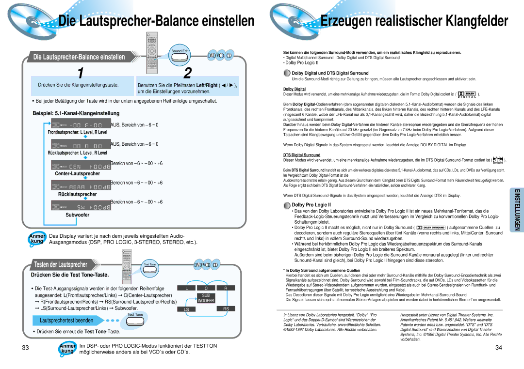 Samsung HTDM550RH/EDC manual Beispiel 5.1-Kanal-Klangeinstellung, Anmer, Dolby Pro Logic 