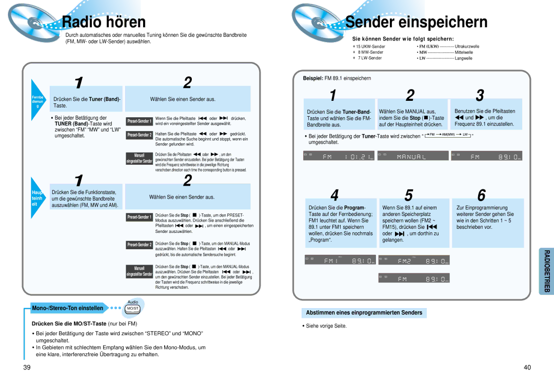 Samsung HTDM550RH/EDC manual Radio hö ren, Sender einspeichern, Mono-/Stereo-Ton einstellen 