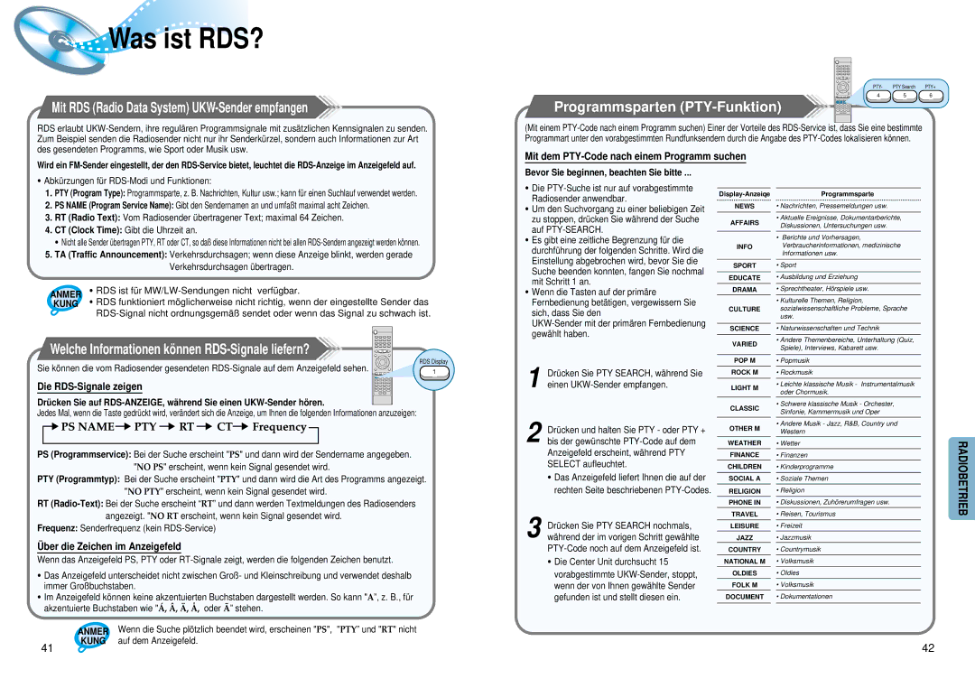 Samsung HTDM550RH/EDC manual Was ist RDS?, Mit RDS Radio Data System UKW-Sender empfangen, Programmsparten PTY-Funktion 