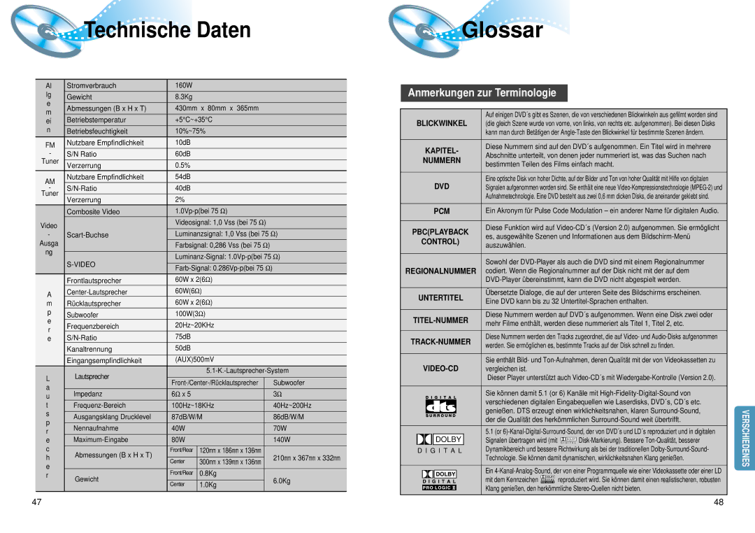 Samsung HTDM550RH/EDC manual Technische Daten, Glossar, Anmerkungen zur Terminologie 