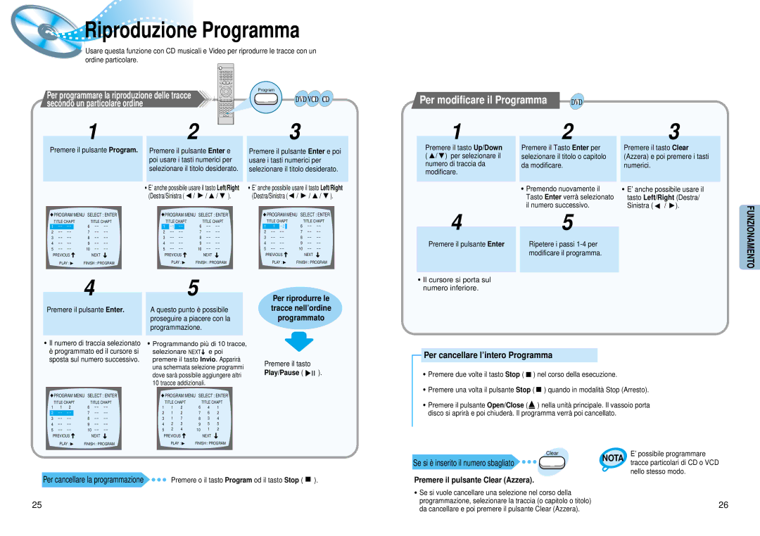 Samsung HTDM550RH/EDC Riproduzione Programma, Per modificare il Programma, Per cancellare l’intero Programma, Play/Pause 