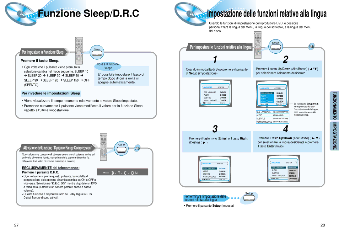 Samsung HTDM550RH/EDC manual Funzione Sleep/D.R.C, Premere il tasto Sleep, Per rivedere le impostazioni Sleep 