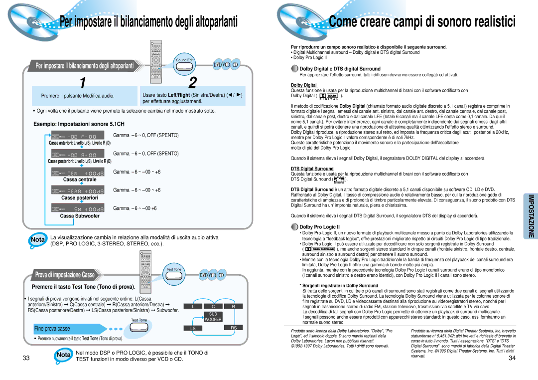 Samsung HTDM550RH/EDC manual Per impostare il bilanciamento degli altoparlanti, Prova di impostazione Casse 