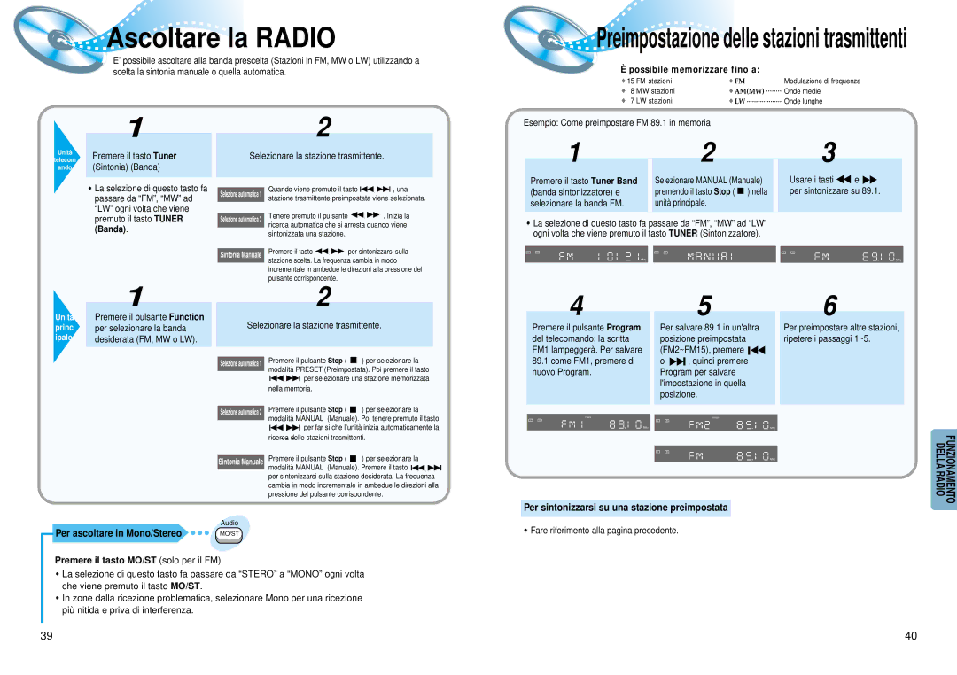 Samsung HTDM550RH/EDC Ascoltare la Radio, Per ascoltare in Mono/Stereo, Per sintonizzarsi su una stazione preimpostata 