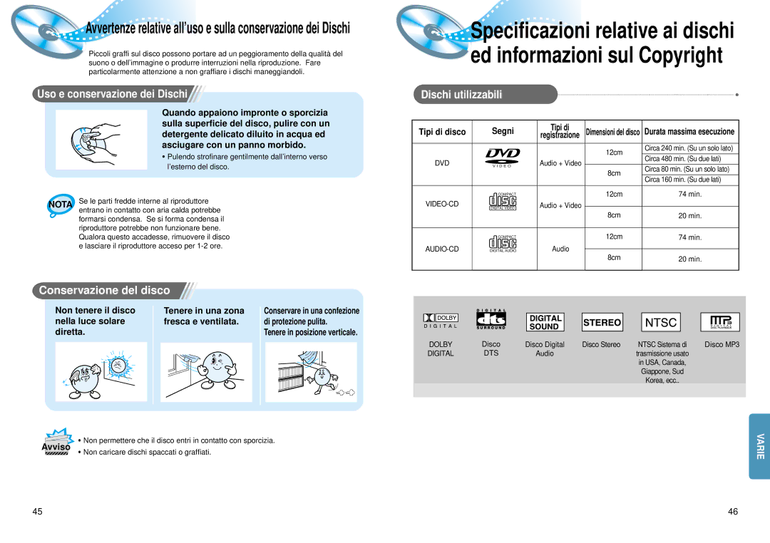 Samsung HTDM550RH/EDC manual Uso e conservazione dei Dischi, Dischi utilizzabili, Conservazione del disco 