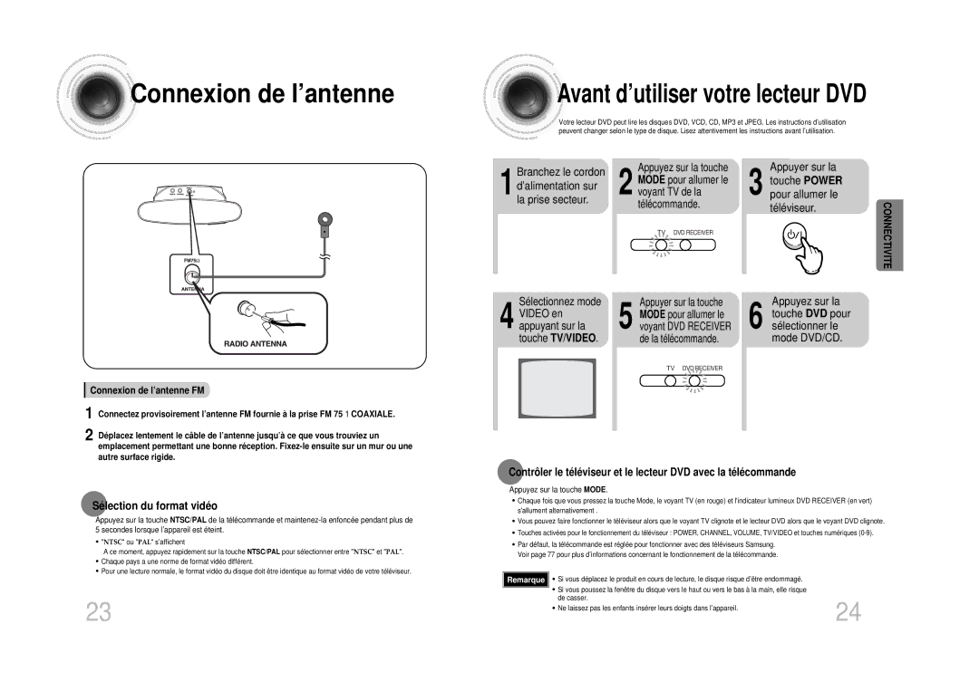 Samsung HTDS100RH/ELS Connexion de l’antenne, Branchez le cordon, Appuyer sur la Touche Power pour allumer le téléviseur 